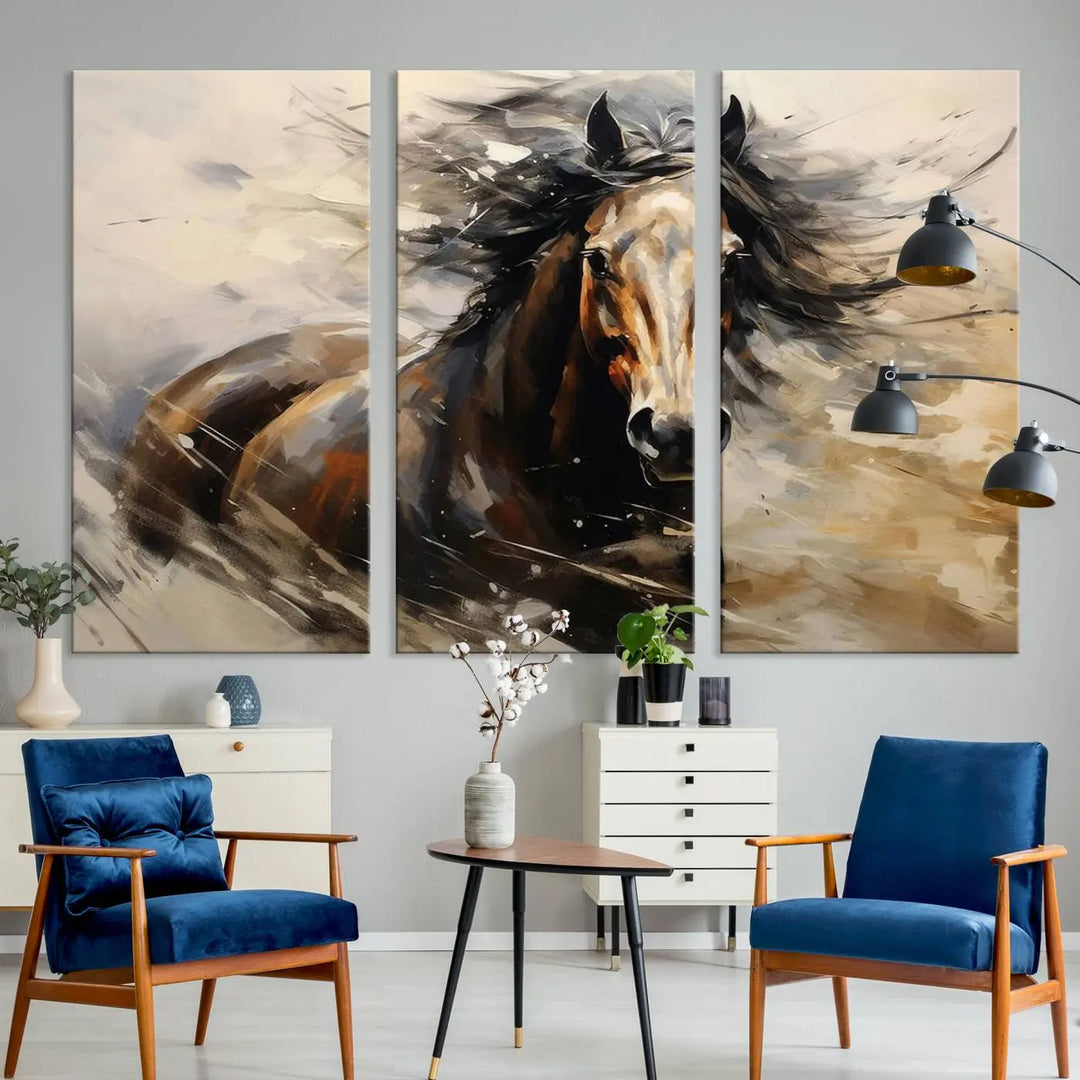 Abstract Horse Wall Art Print - Large Western Horse Canvas - Farmhouse Woodland Wall Art - Framed Barn and Log Cabin Winter Artwork