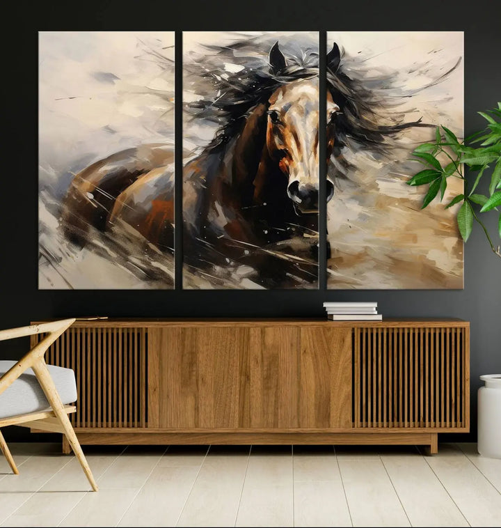 Abstract Horse Wall Art Print - Large Western Horse Canvas - Farmhouse Woodland Wall Art - Framed Barn and Log Cabin Winter Artwork