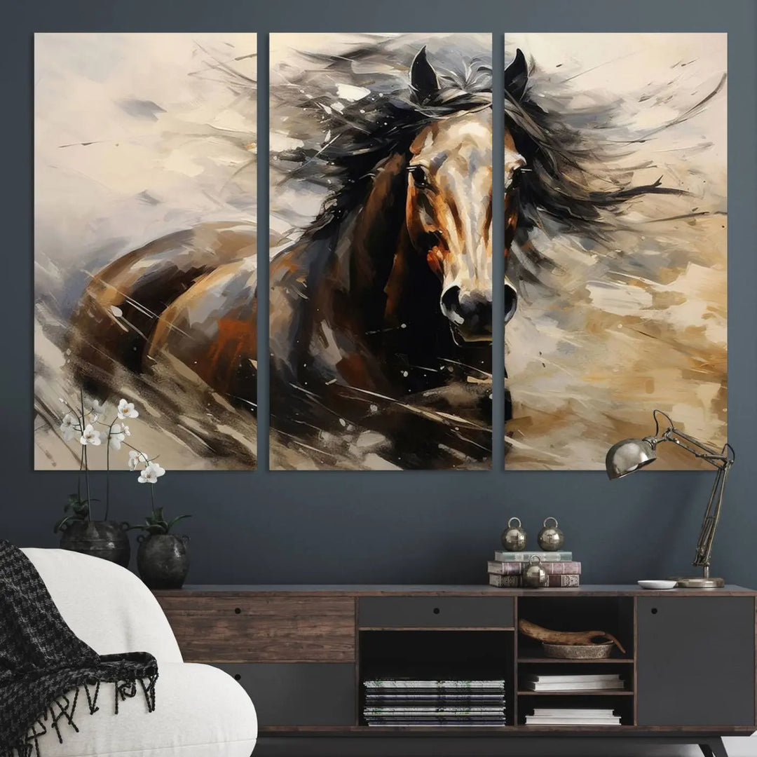 Abstract Horse Wall Art Print - Large Western Horse Canvas - Farmhouse Woodland Wall Art - Framed Barn and Log Cabin Winter Artwork