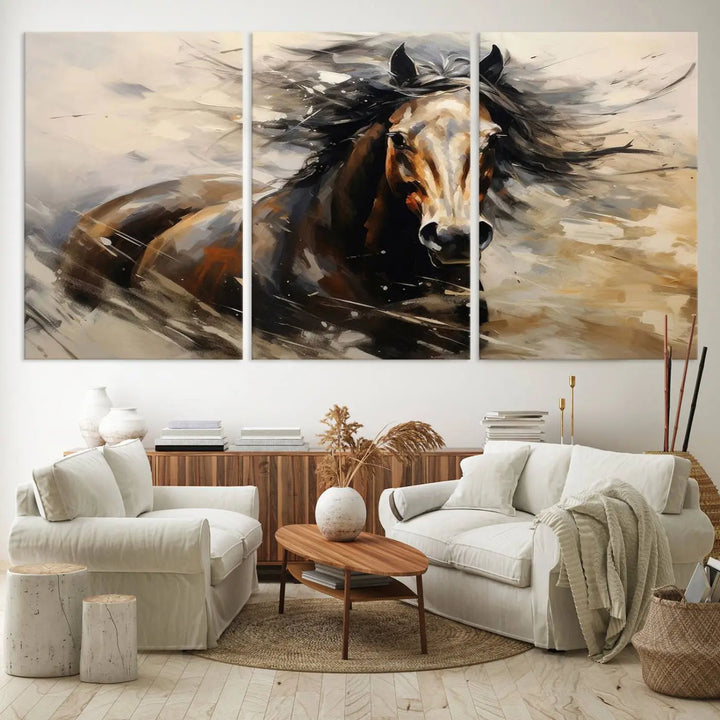 Abstract Horse Wall Art Print - Large Western Horse Canvas - Farmhouse Woodland Wall Art - Framed Barn and Log Cabin Winter Artwork