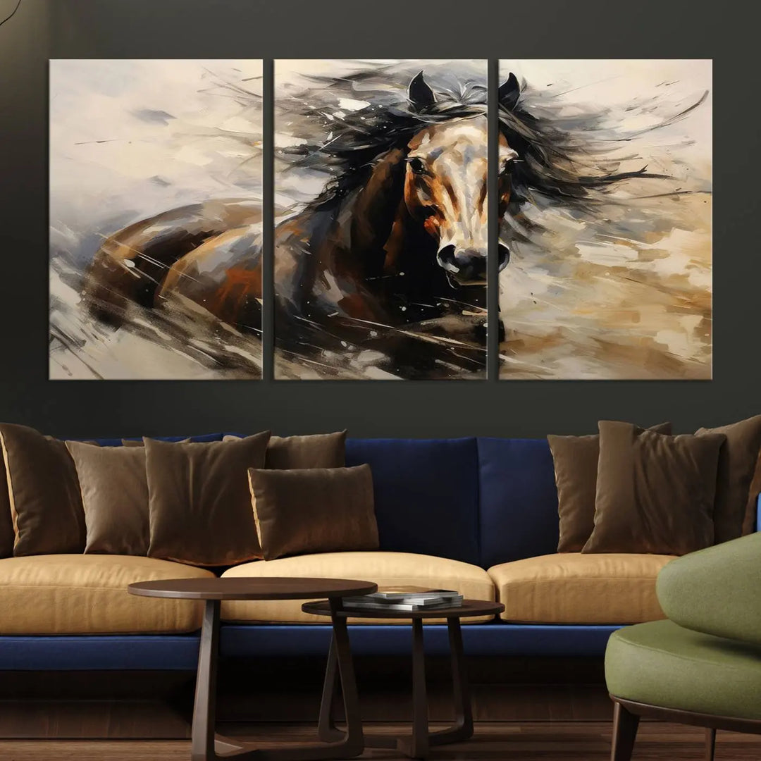 Abstract Horse Wall Art Print - Large Western Horse Canvas - Farmhouse Woodland Wall Art - Framed Barn and Log Cabin Winter Artwork