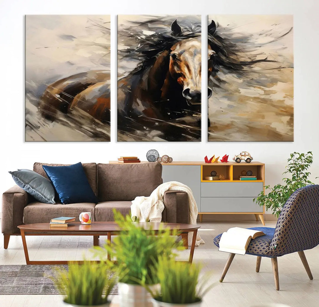 Abstract Horse Wall Art Print - Large Western Horse Canvas - Farmhouse Woodland Wall Art - Framed Barn and Log Cabin Winter Artwork