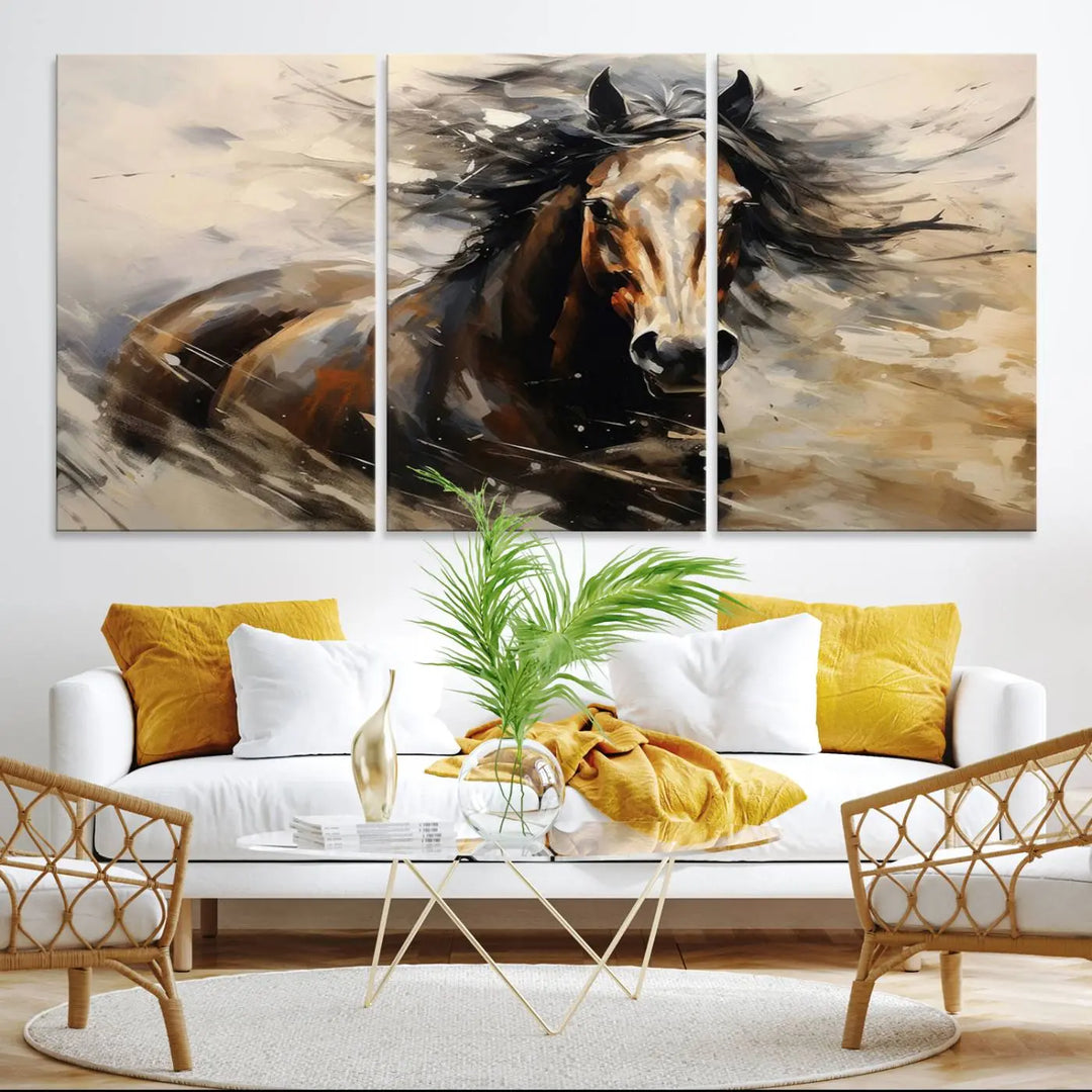 Abstract Horse Wall Art Print - Large Western Horse Canvas - Farmhouse Woodland Wall Art - Framed Barn and Log Cabin Winter Artwork