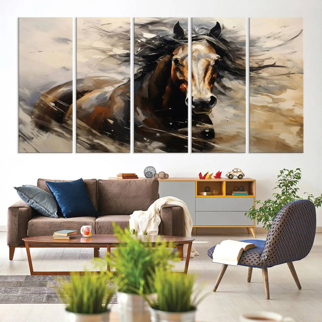 Abstract Horse Wall Art Print - Large Western Horse Canvas - Farmhouse Woodland Wall Art - Framed Barn and Log Cabin Winter Artwork