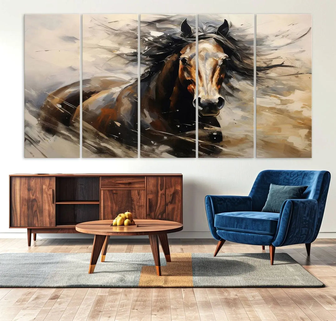 Abstract Horse Wall Art Print - Large Western Horse Canvas - Farmhouse Woodland Wall Art - Framed Barn and Log Cabin Winter Artwork