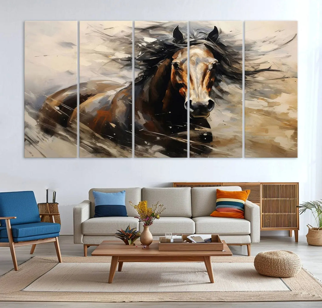 Abstract Horse Wall Art Print - Large Western Horse Canvas - Farmhouse Woodland Wall Art - Framed Barn and Log Cabin Winter Artwork