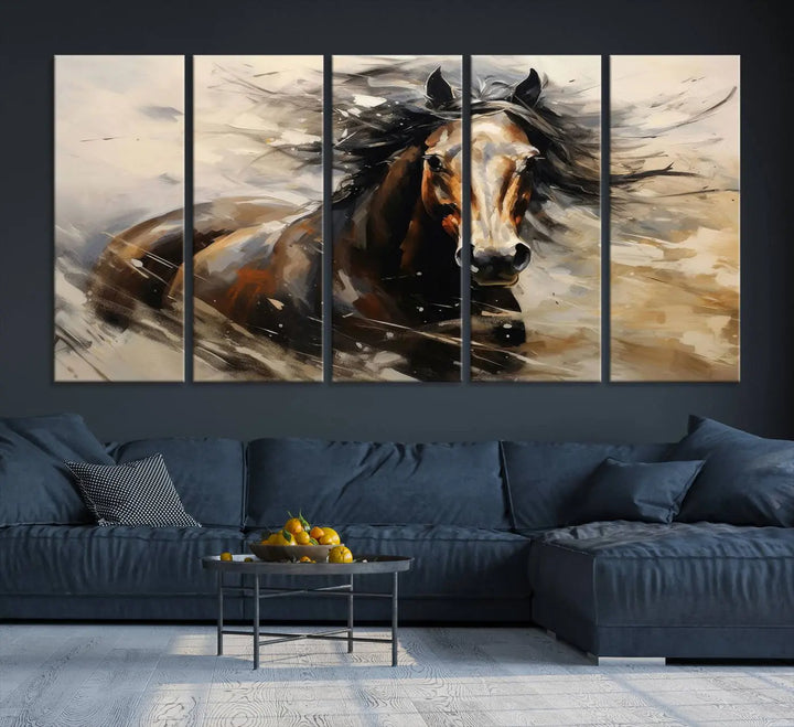 Abstract Horse Wall Art Print - Large Western Horse Canvas - Farmhouse Woodland Wall Art - Framed Barn and Log Cabin Winter Artwork