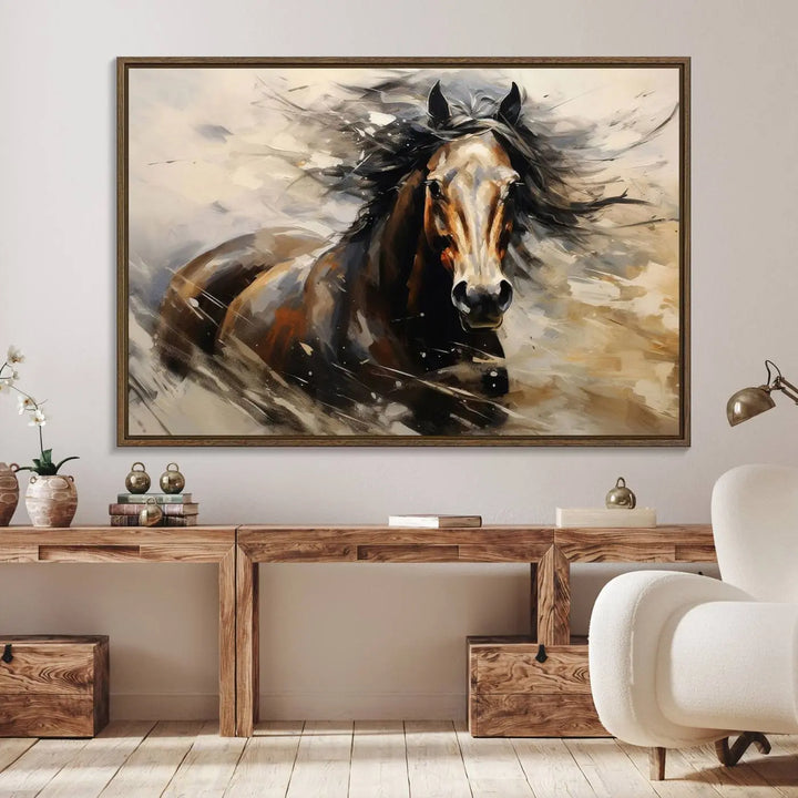 Abstract Horse Wall Art Print - Large Western Horse Canvas - Farmhouse Woodland Wall Art - Framed Barn and Log Cabin Winter Artwork