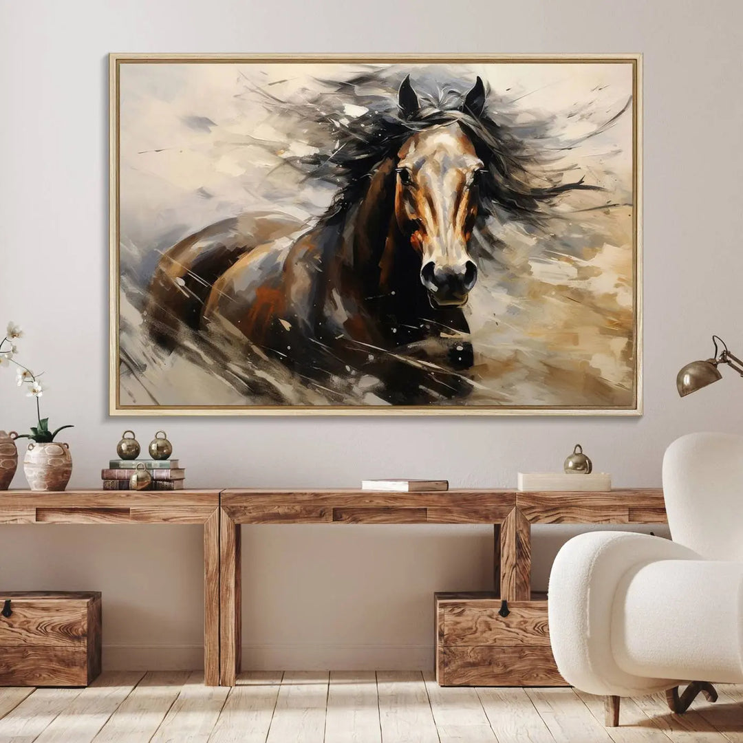 Abstract Horse Wall Art Print - Large Western Horse Canvas - Farmhouse Woodland Wall Art - Framed Barn and Log Cabin Winter Artwork