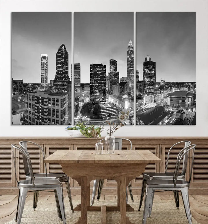 Aerial Charlotte City Skyline Wall Art Black and White Cityscape Canvas Print