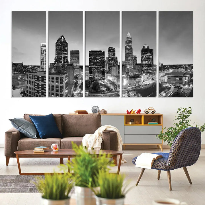 Aerial Charlotte City Skyline Wall Art Black and White Cityscape Canvas Print