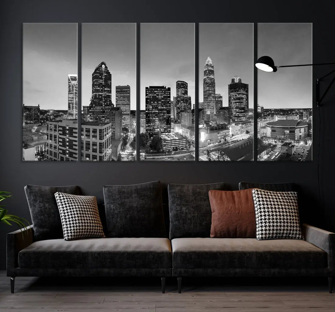 Aerial Charlotte City Skyline Wall Art Black and White Cityscape Canvas Print