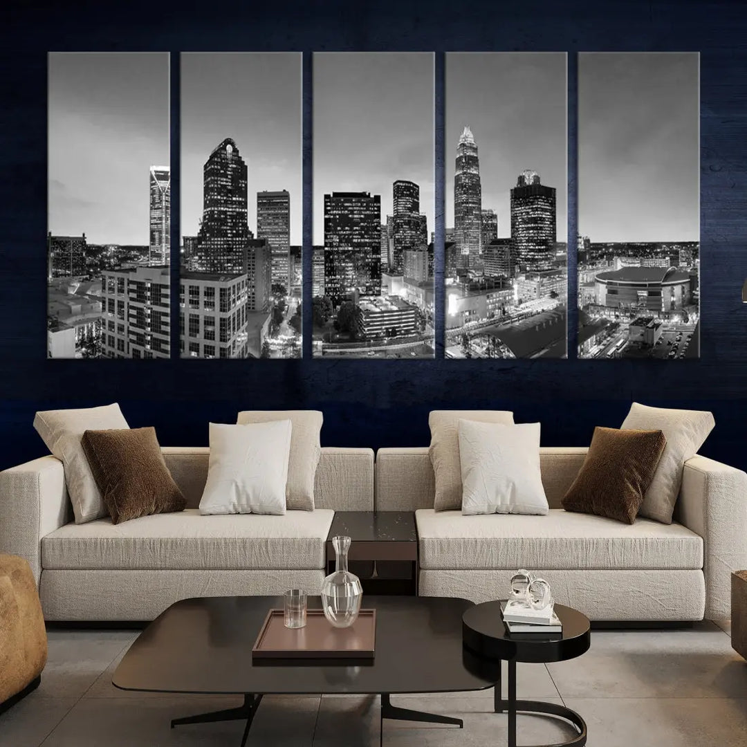 Aerial Charlotte City Skyline Wall Art Black and White Cityscape Canvas Print