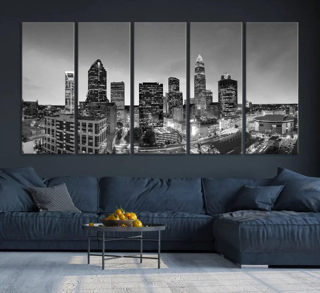 Aerial Charlotte City Skyline Wall Art Black and White Cityscape Canvas Print