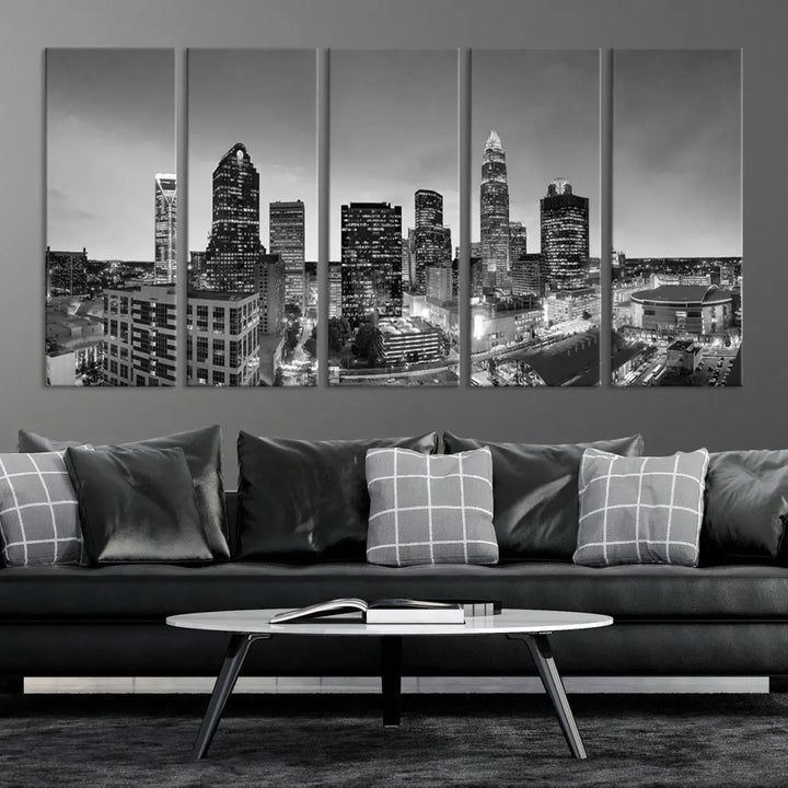 Aerial Charlotte City Skyline Wall Art Black and White Cityscape Canvas Print