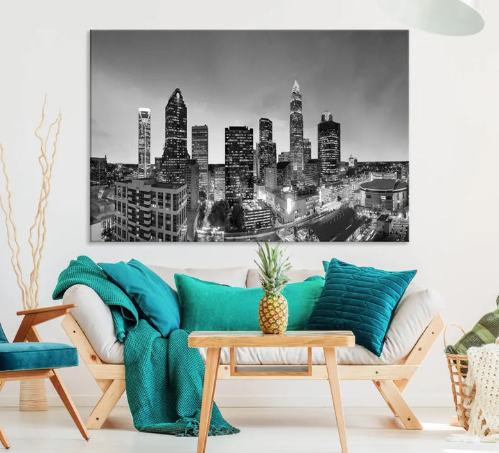 Aerial Charlotte City Skyline Wall Art Black and White Cityscape Canvas Print