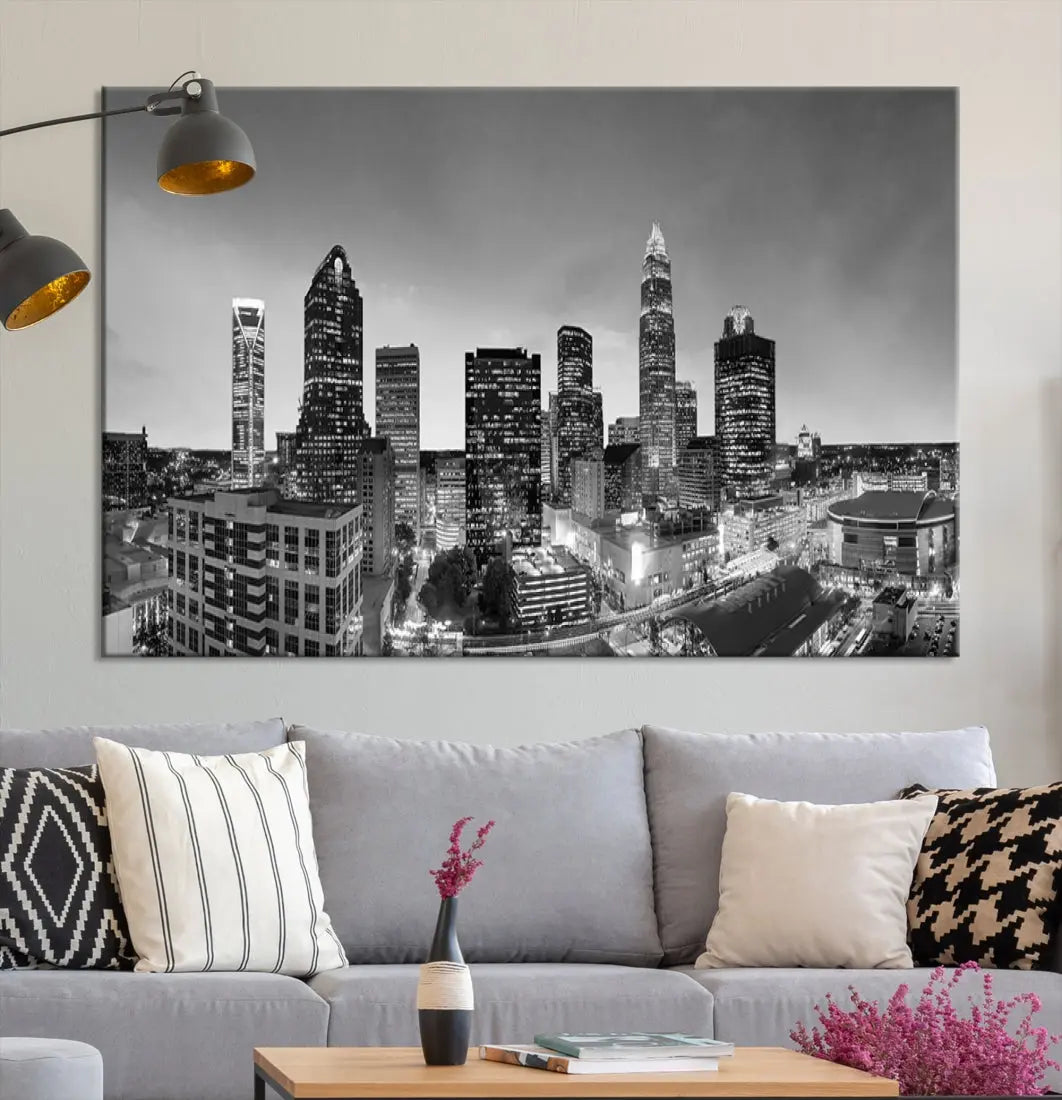 Aerial Charlotte City Skyline Wall Art Black and White Cityscape Canvas Print