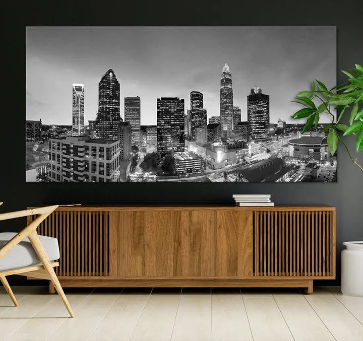 Aerial Charlotte City Skyline Wall Art Black and White Cityscape Canvas Print