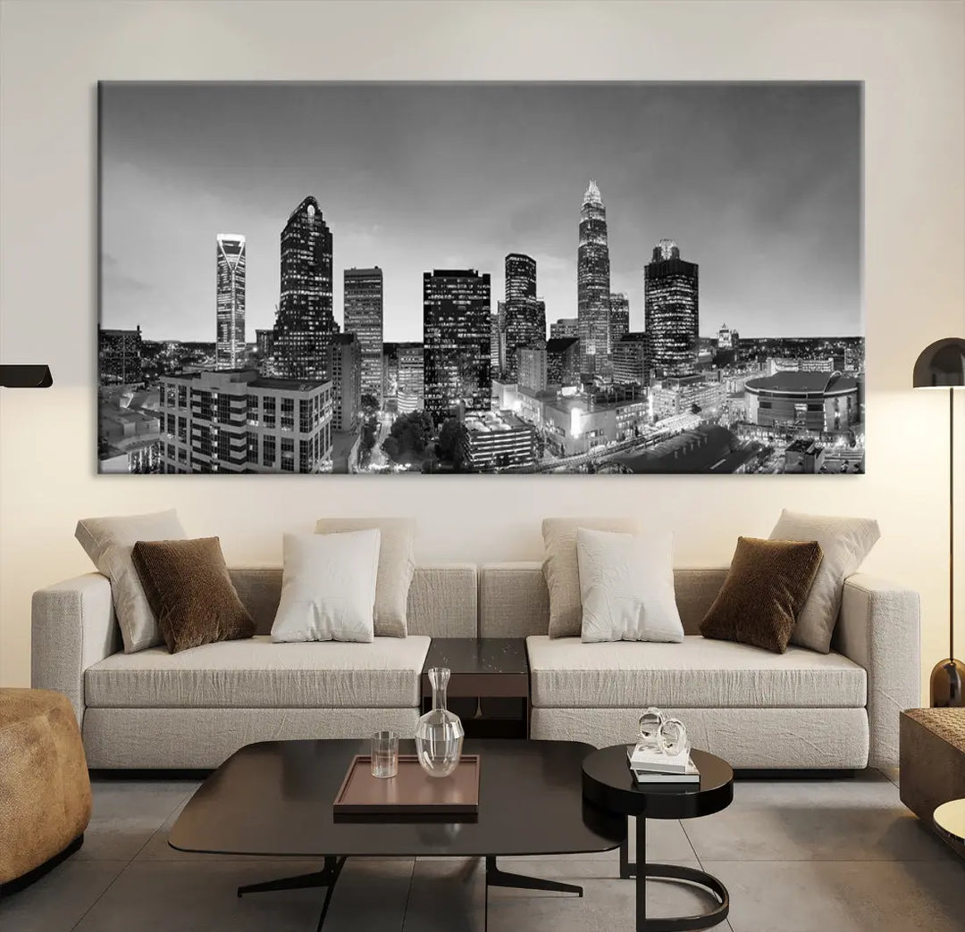 Aerial Charlotte City Skyline Wall Art Black and White Cityscape Canvas Print