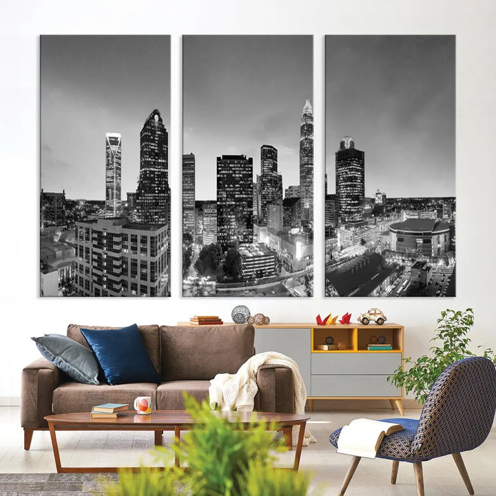 Aerial Charlotte City Skyline Wall Art Black and White Cityscape Canvas Print