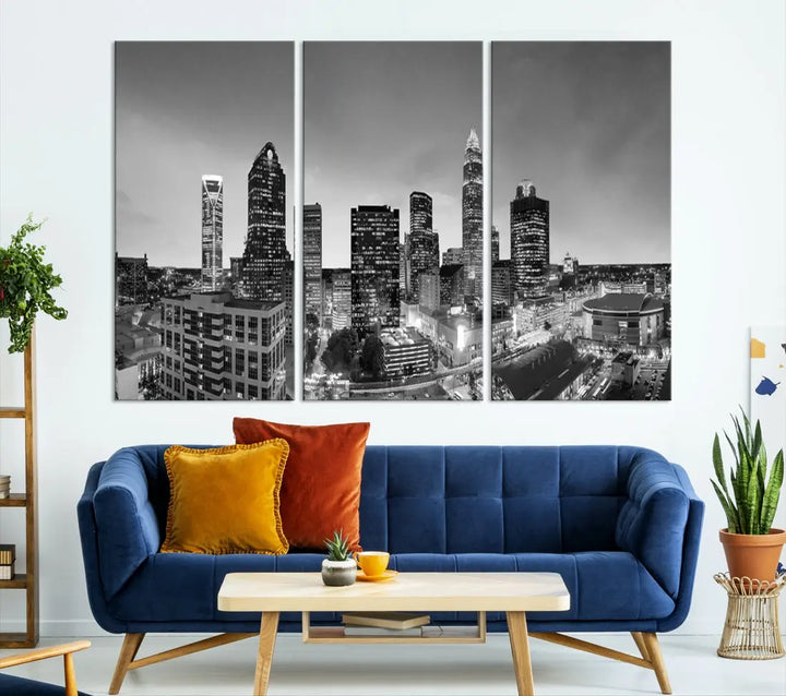 Aerial Charlotte City Skyline Wall Art Black and White Cityscape Canvas Print