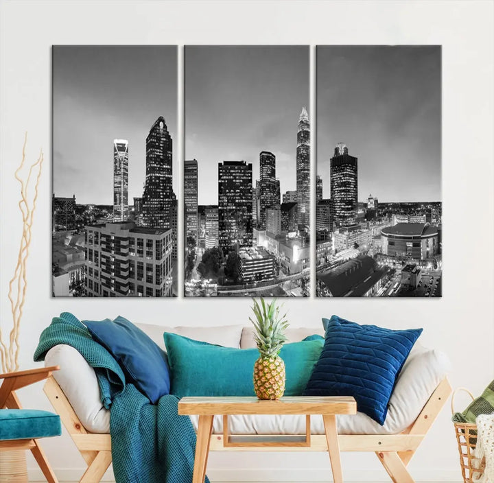 Aerial Charlotte City Skyline Wall Art Black and White Cityscape Canvas Print