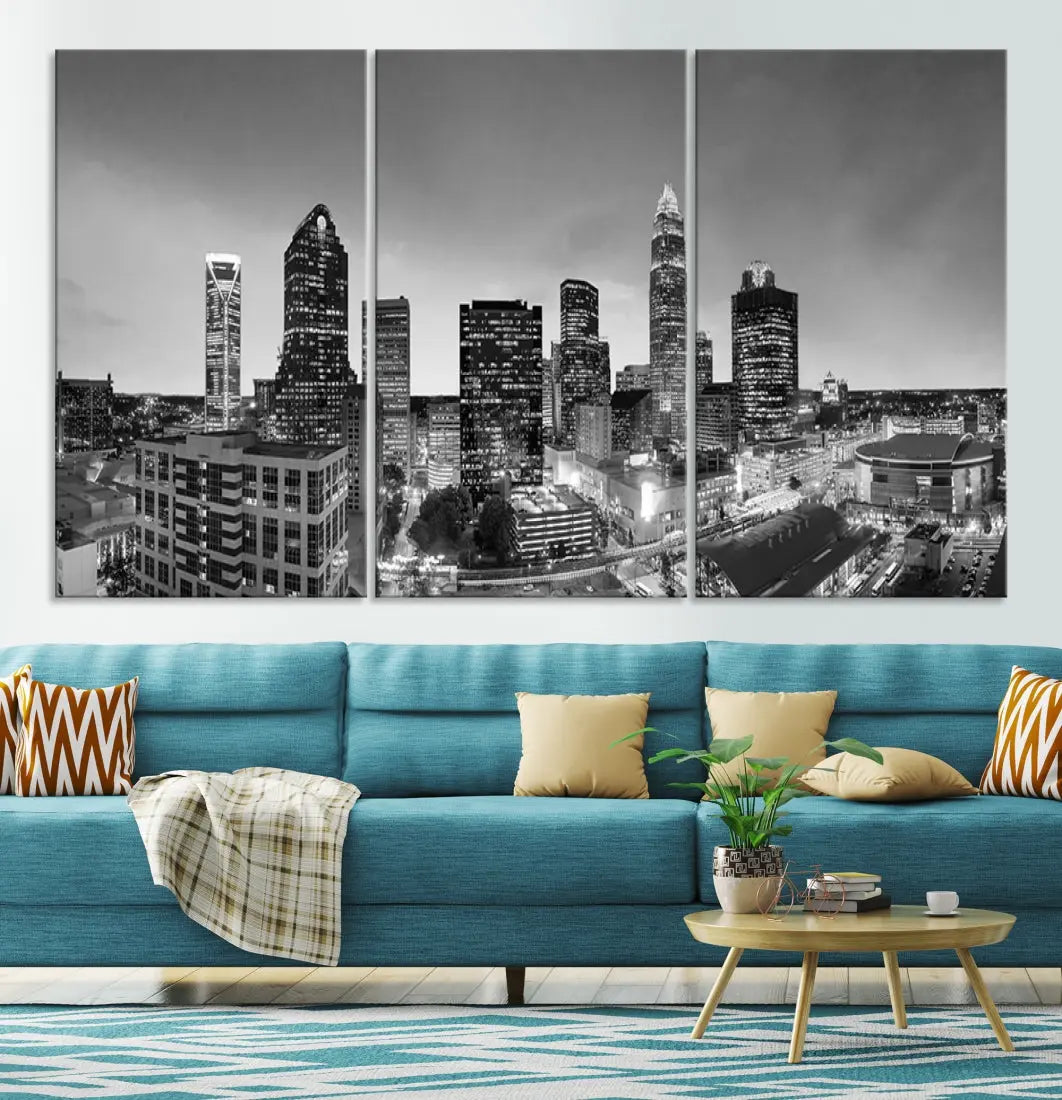 Aerial Charlotte City Skyline Wall Art Black and White Cityscape Canvas Print