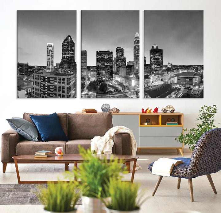 Aerial Charlotte City Skyline Wall Art Black and White Cityscape Canvas Print