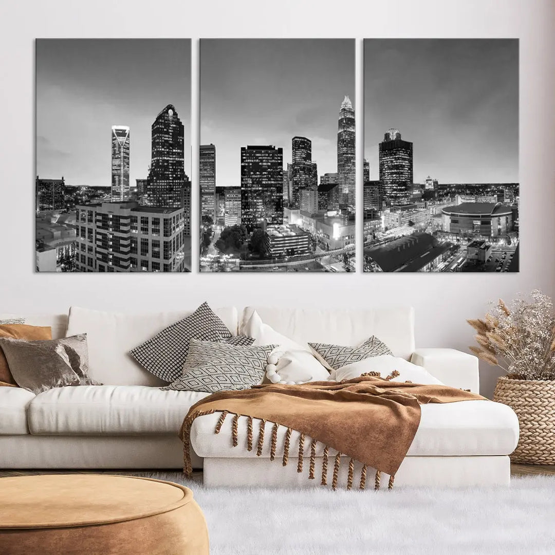 Aerial Charlotte City Skyline Wall Art Black and White Cityscape Canvas Print