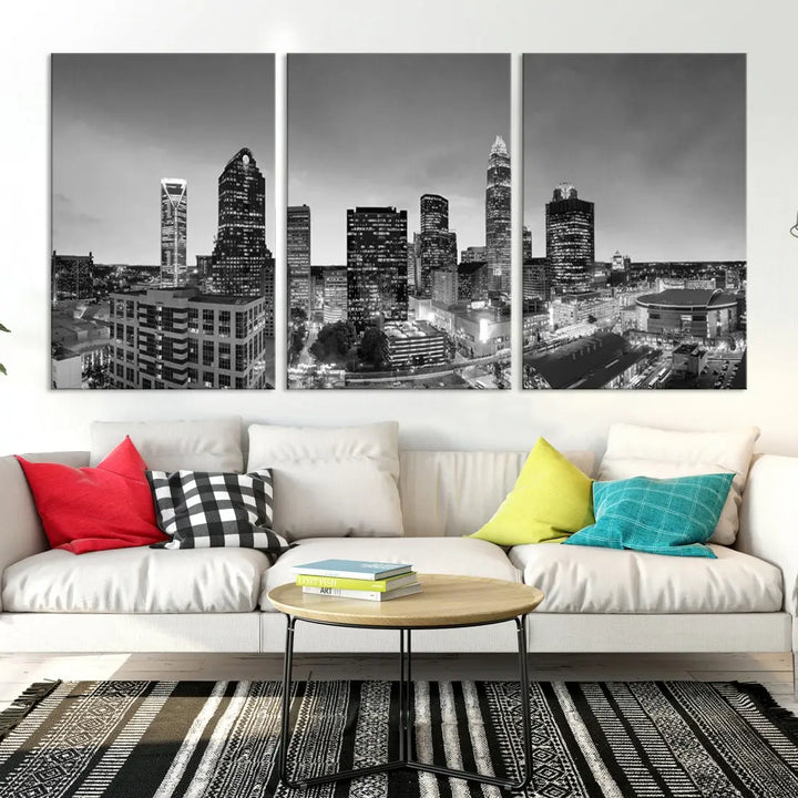 Aerial Charlotte City Skyline Wall Art Black and White Cityscape Canvas Print