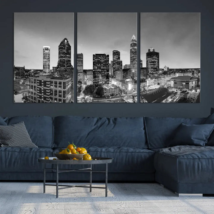 Aerial Charlotte City Skyline Wall Art Black and White Cityscape Canvas Print