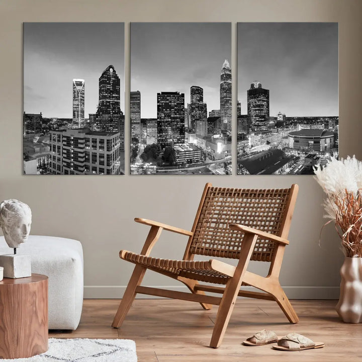 Aerial Charlotte City Skyline Wall Art Black and White Cityscape Canvas Print