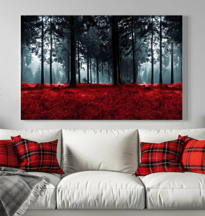 Alluring Forest with Red Leaves Canvas Print Large Wall Art Forest Canvas Art Autumn Landscape Art Print Framed