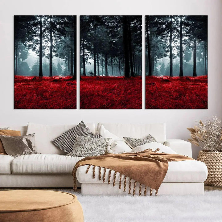 Alluring Forest with Red Leaves Canvas Print Large Wall Art Forest Canvas Art Autumn Landscape Art Print Framed