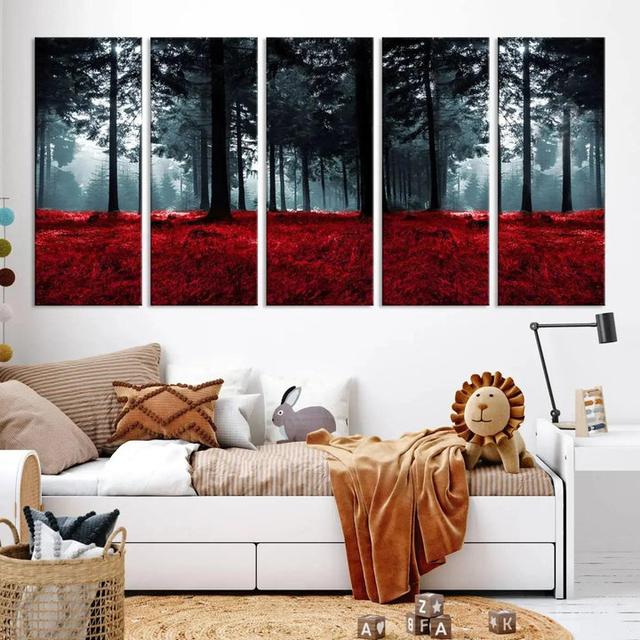 Alluring Forest with Red Leaves Canvas Print Large Wall Art Forest Canvas Art Autumn Landscape Art Print Framed