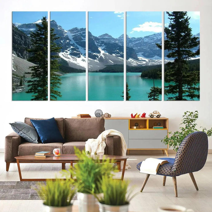 Amazing Turquoise Lake and Snowy Mountain Landscape Wall Art Canvas Print