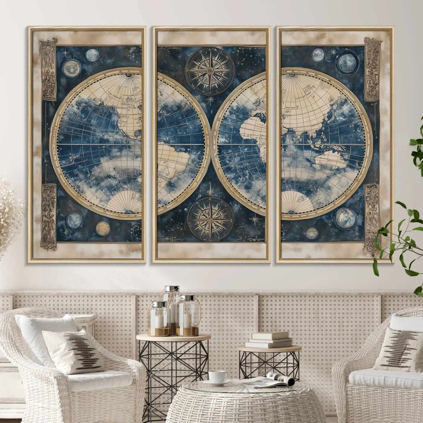 46473-MGV-CV-36X24-Antique Blue World Map Canvas Wall Art - Double Hemisphere Vintage Map Art - Nautical Themed Wall Art for Office or Study Decor
