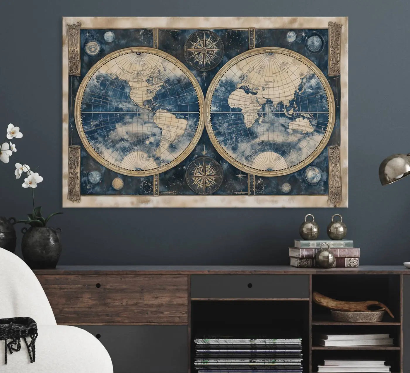 46473-MGV-CV-36X24-Antique Blue World Map Canvas Wall Art - Double Hemisphere Vintage Map Art - Nautical Themed Wall Art for Office or Study Decor