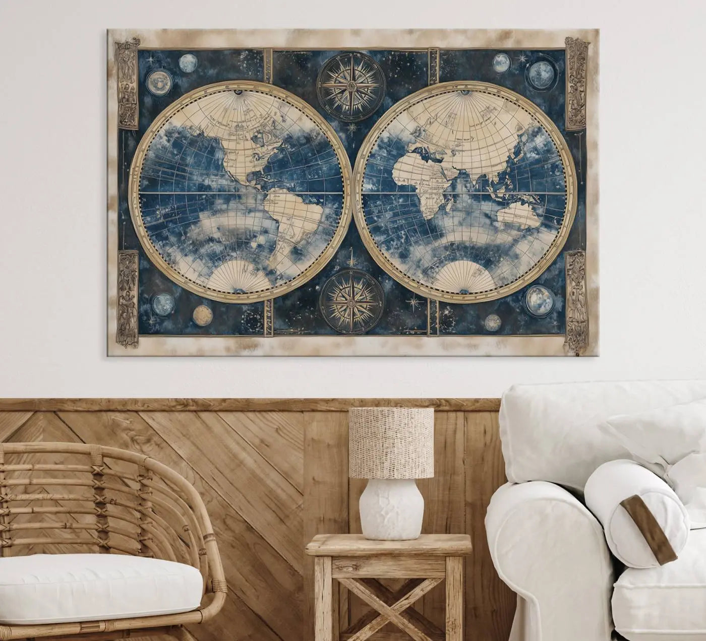 46473-MGV-CV-36X24-Antique Blue World Map Canvas Wall Art - Double Hemisphere Vintage Map Art - Nautical Themed Wall Art for Office or Study Decor
