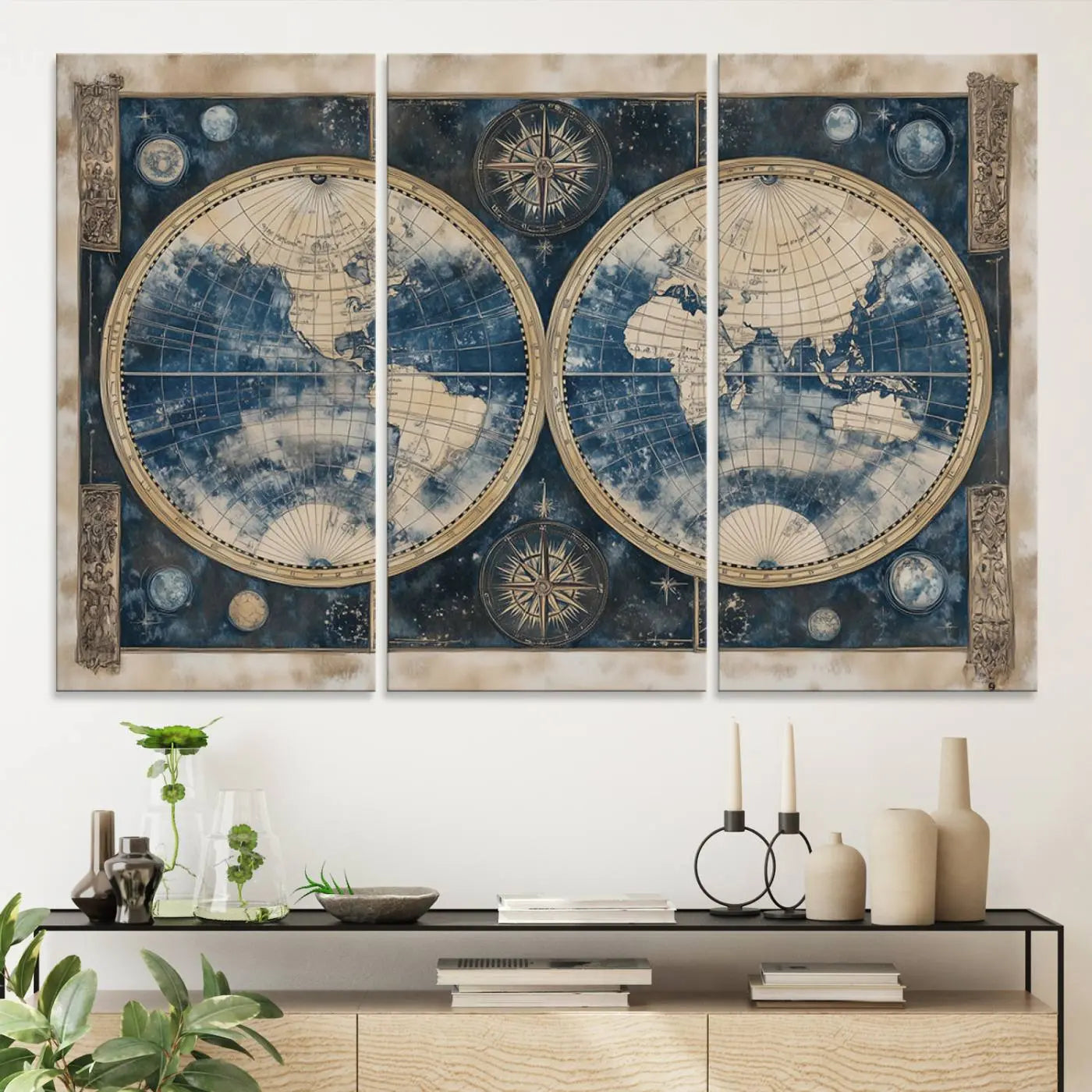 46473-MGV-CV-36X24-Antique Blue World Map Canvas Wall Art - Double Hemisphere Vintage Map Art - Nautical Themed Wall Art for Office or Study Decor