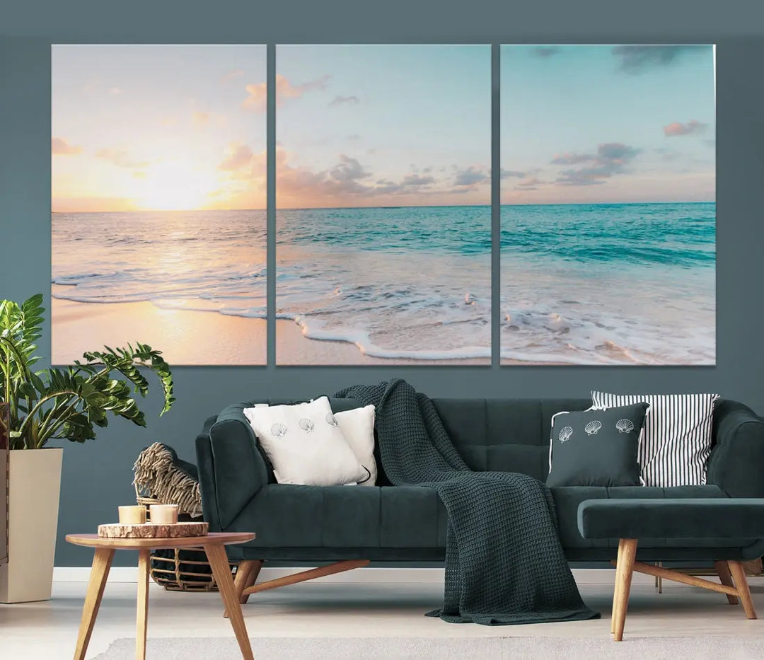 Appealing Sunset on Beach Canvas Wall Art Coastal Ocean Print