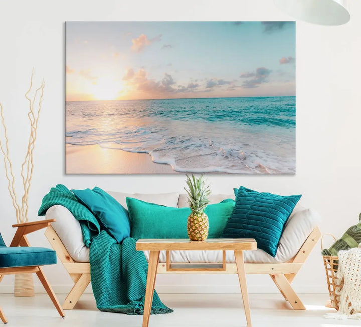 Appealing Sunset on Beach Canvas Wall Art Coastal Ocean Print