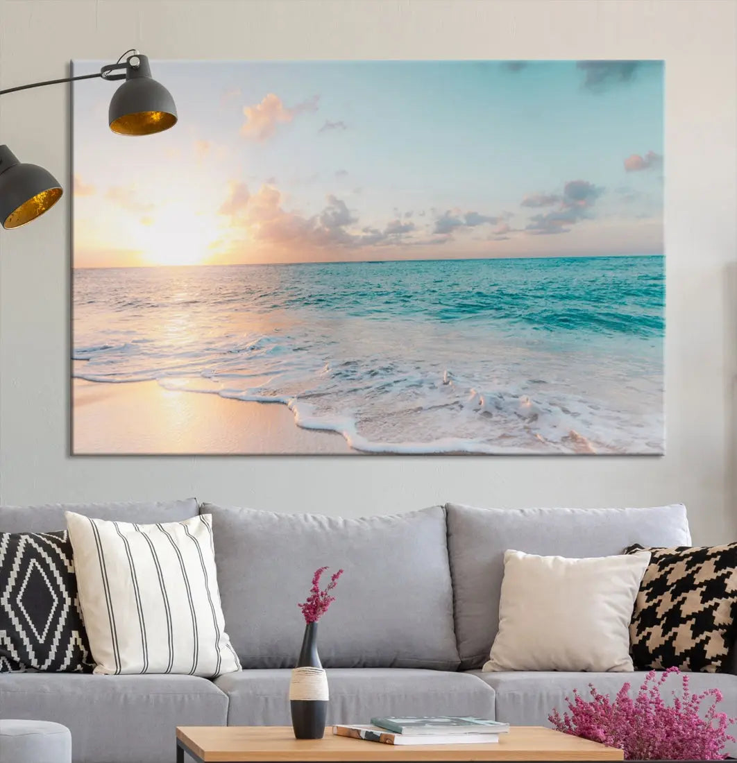 Appealing Sunset on Beach Canvas Wall Art Coastal Ocean Print