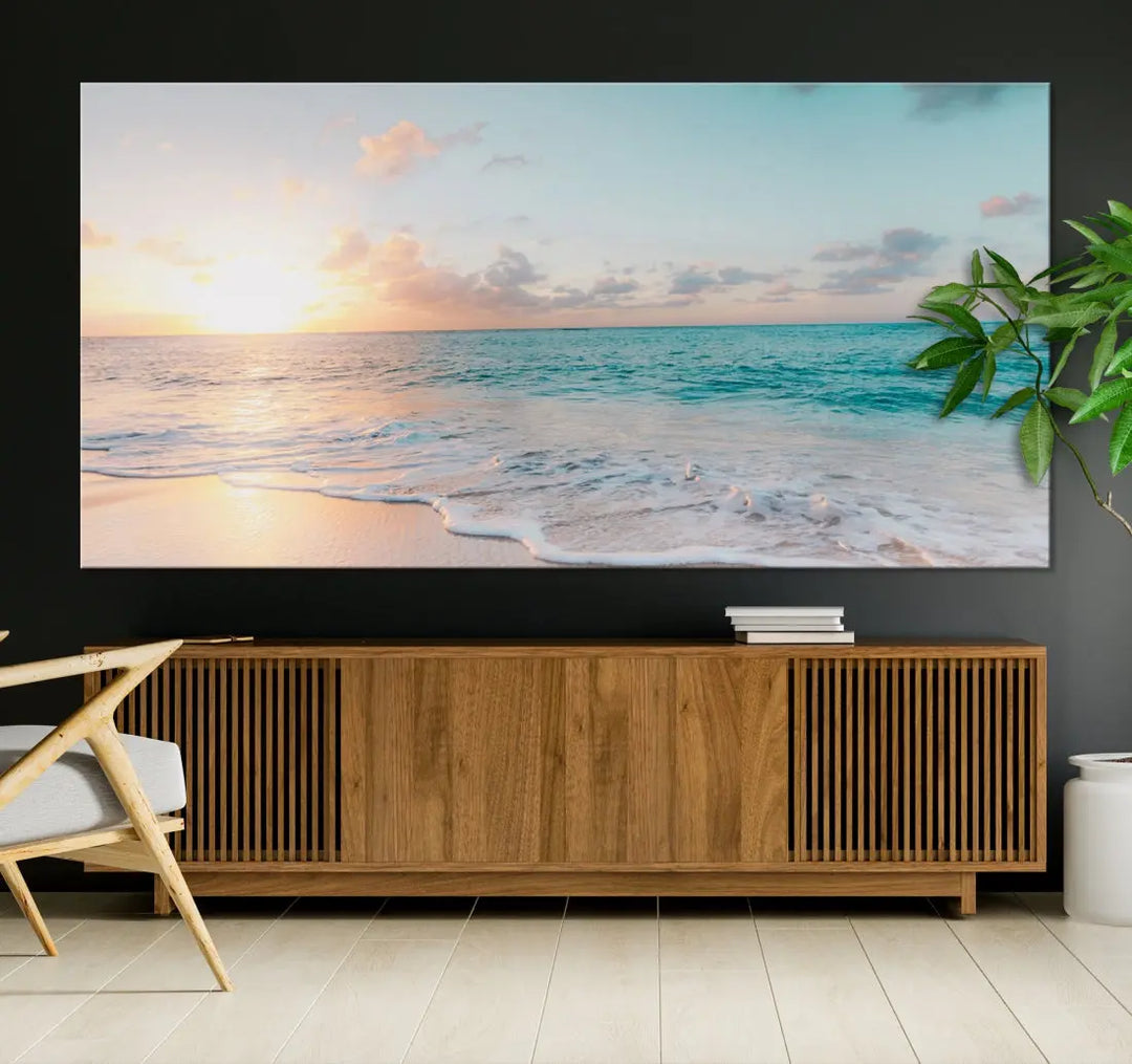 Appealing Sunset on Beach Canvas Wall Art Coastal Ocean Print