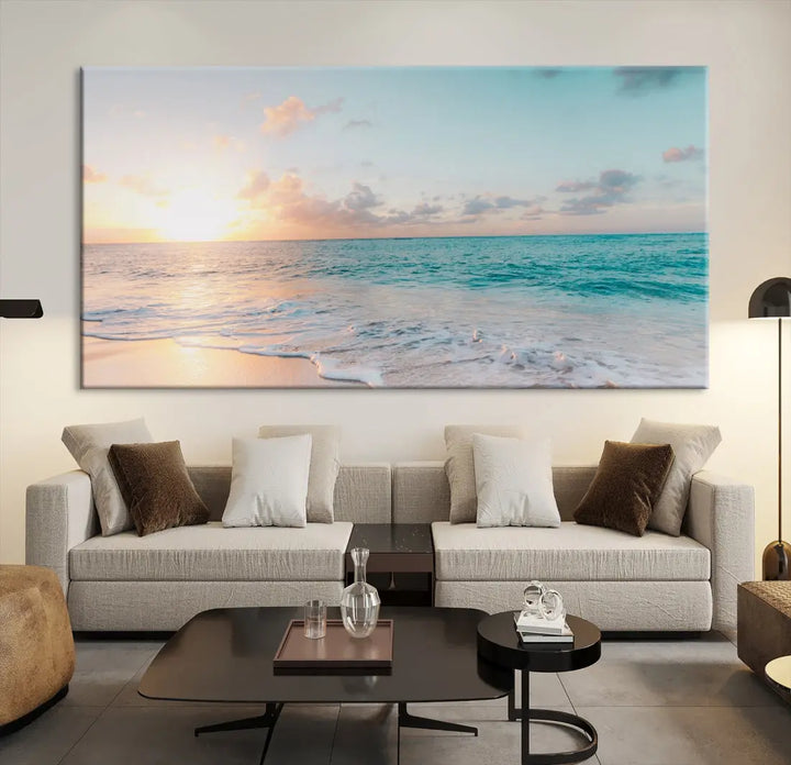 Appealing Sunset on Beach Canvas Wall Art Coastal Ocean Print