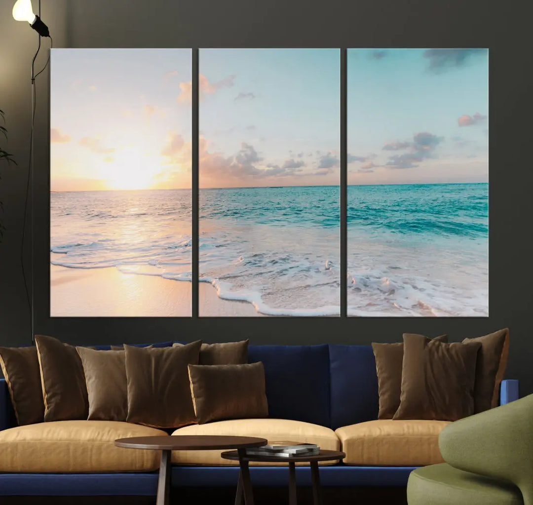 Appealing Sunset on Beach Canvas Wall Art Coastal Ocean Print