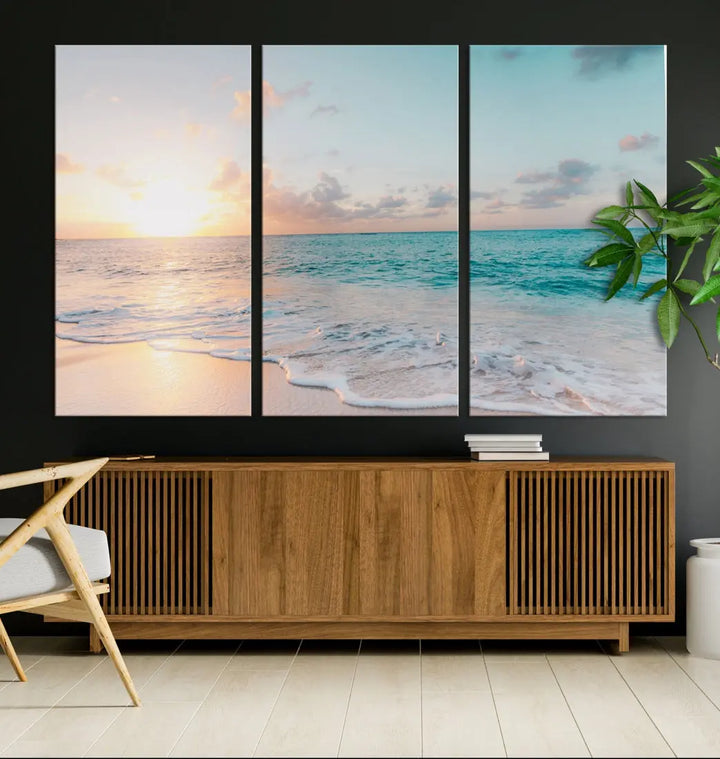 Appealing Sunset on Beach Canvas Wall Art Coastal Ocean Print