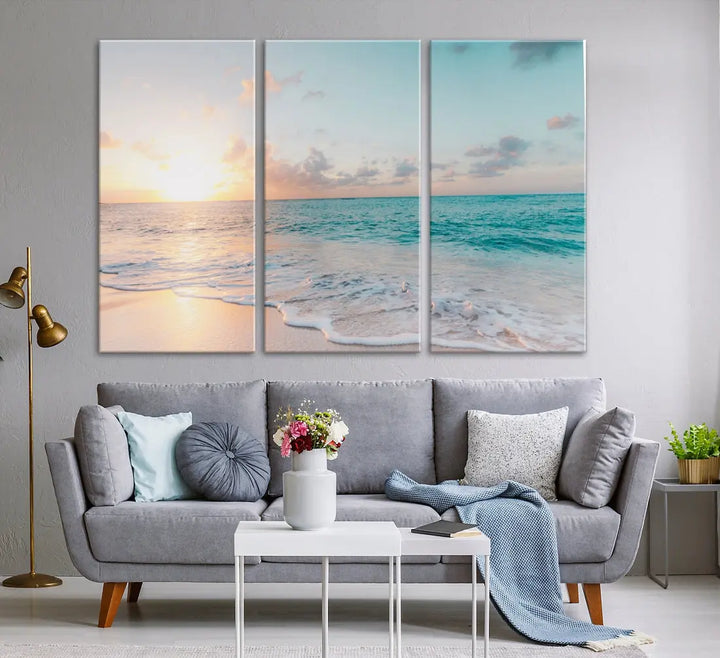 Appealing Sunset on Beach Canvas Wall Art Coastal Ocean Print