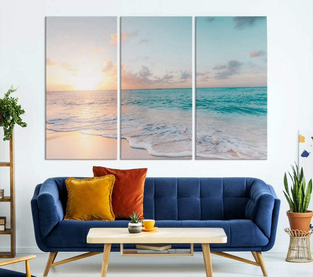 Appealing Sunset on Beach Canvas Wall Art Coastal Ocean Print