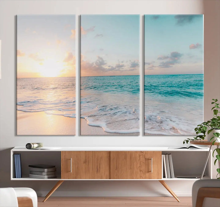 Appealing Sunset on Beach Canvas Wall Art Coastal Ocean Print